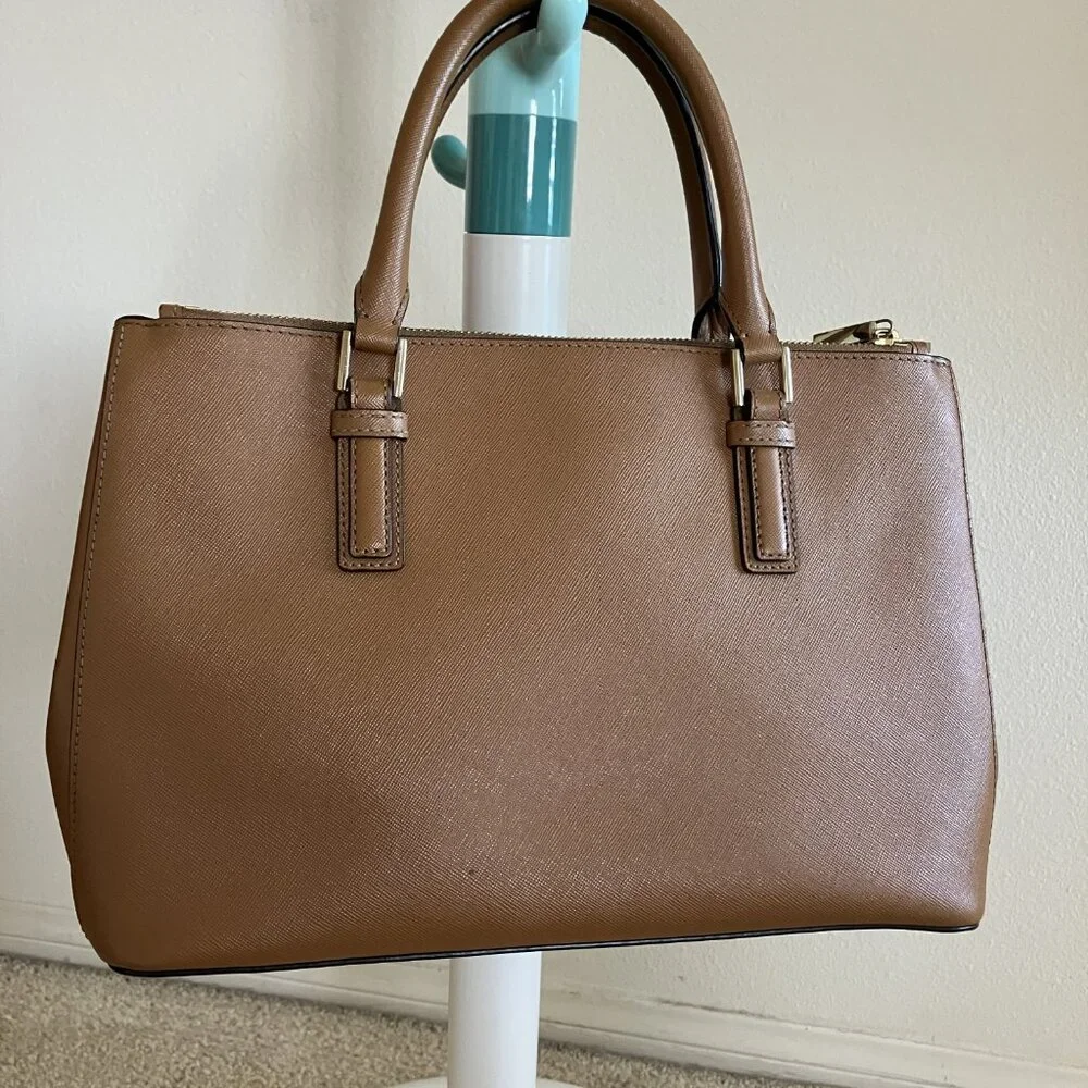 Tory Burch Double Zipper Beige/Tan Leather Tote Bag Top Handle & Strap - Picture 5 of 15